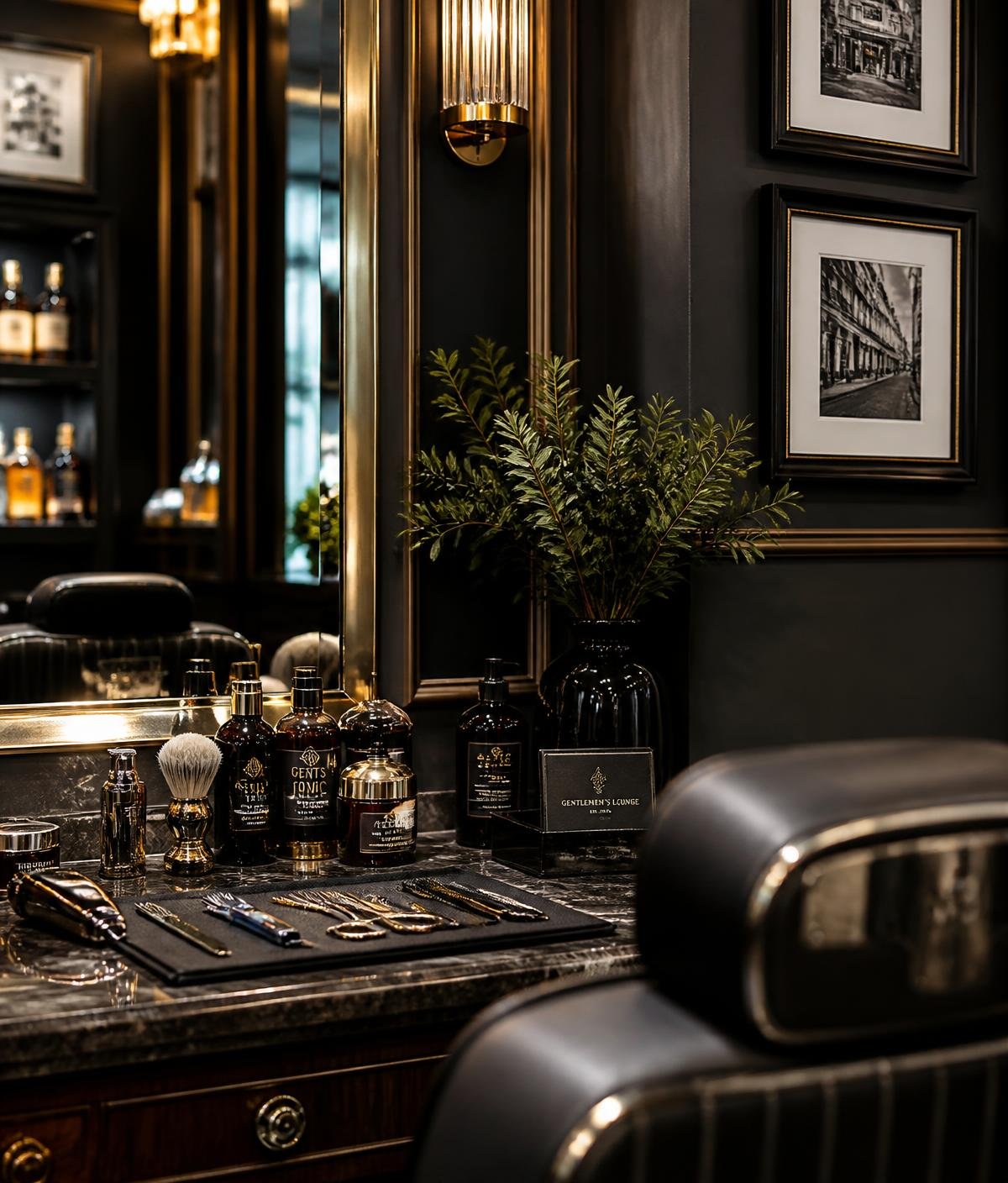 Bancada da Dutra Barbershop com ferramentas e produtos de barbearia